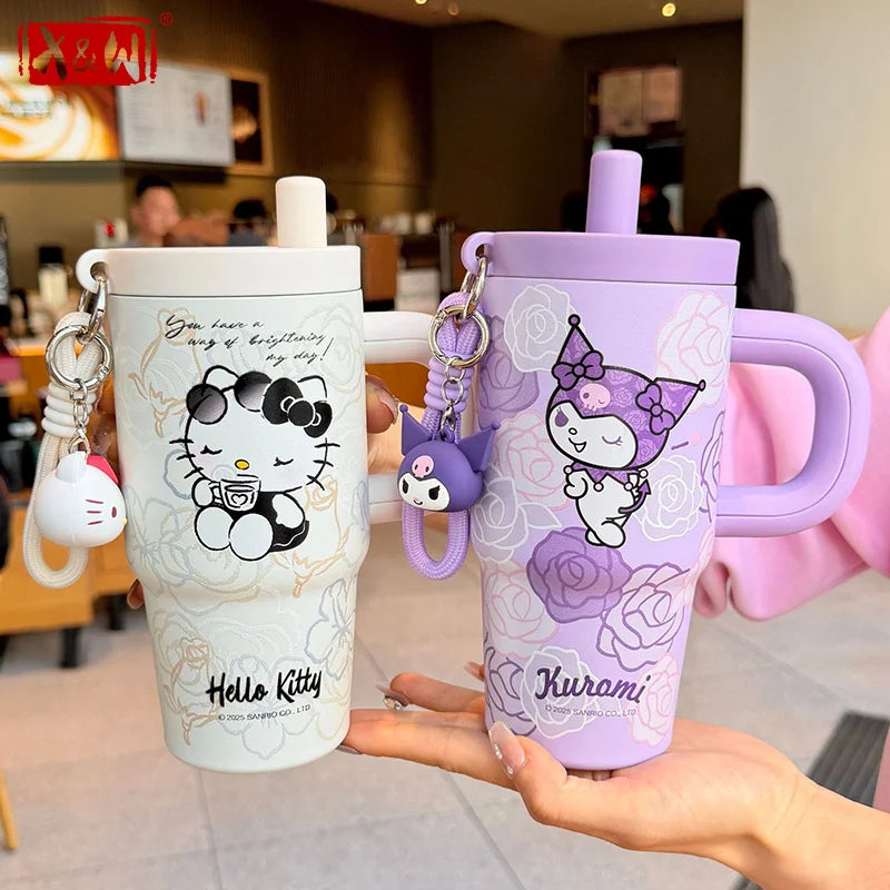 X&W 650ML Thermal Mug Hello Kitty Kuromi Straw Insulated Cup with Rope Portable Sports Water Bottle Car Coffee Cup Keep Hot Cold