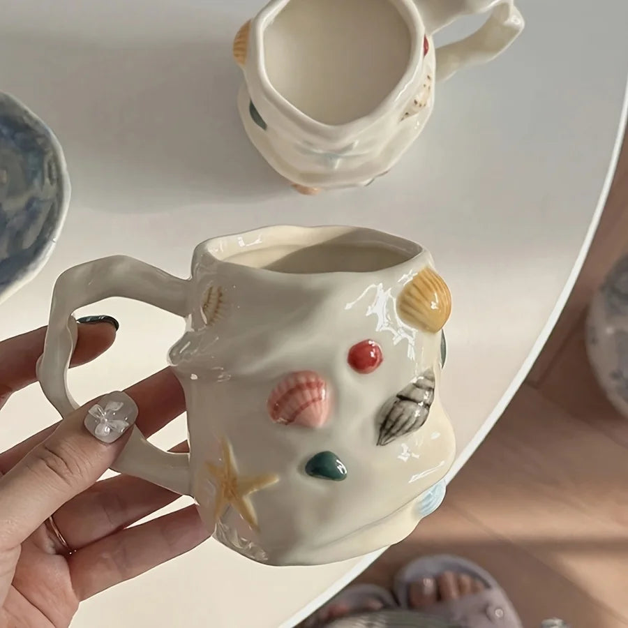 1pc 300ml/10oz Creative Shell Pattern Ceramic Coffee Mug, Hand-painted Ceramic Tea Cup Matcha Cup, Beautiful Pattern Couple Cup,
