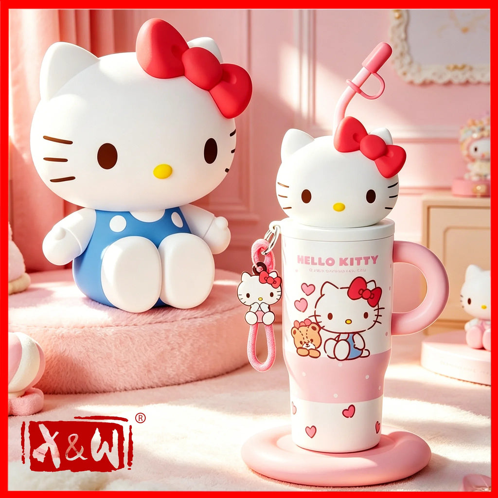 X&W 580ML Sanrio Series Thermos 316 Stainless Steel Doll Head Design Straw Insulated Cup Hello Kitty Kuromi Water Bottle Cutecup
