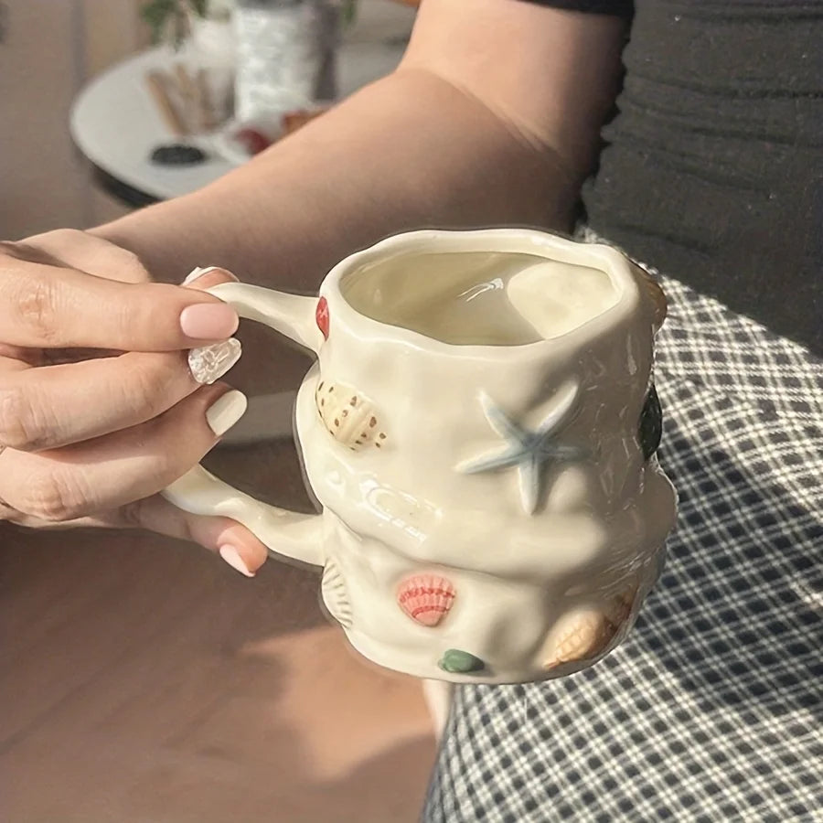 1pc 300ml/10oz Creative Shell Pattern Ceramic Coffee Mug, Hand-painted Ceramic Tea Cup Matcha Cup, Beautiful Pattern Couple Cup,