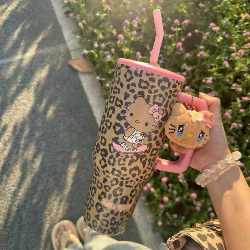 Hello Kitty Leopard Cup Print Straw Thermos Travel Sports Water Bottle Stainless Steel Cold Insulation Cup Girls Birthday Gift