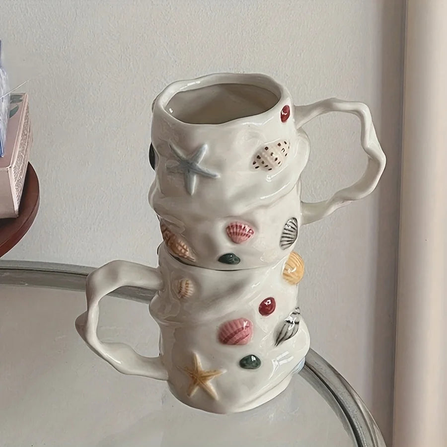 1pc 300ml/10oz Creative Shell Pattern Ceramic Coffee Mug, Hand-painted Ceramic Tea Cup Matcha Cup, Beautiful Pattern Couple Cup,