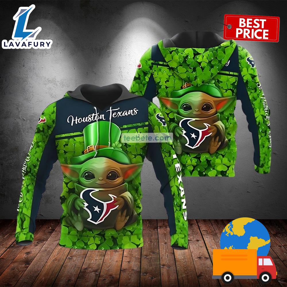 Baby Yoda St Patricks Day Houston Texans Green 3D Hoodie For Men 2025