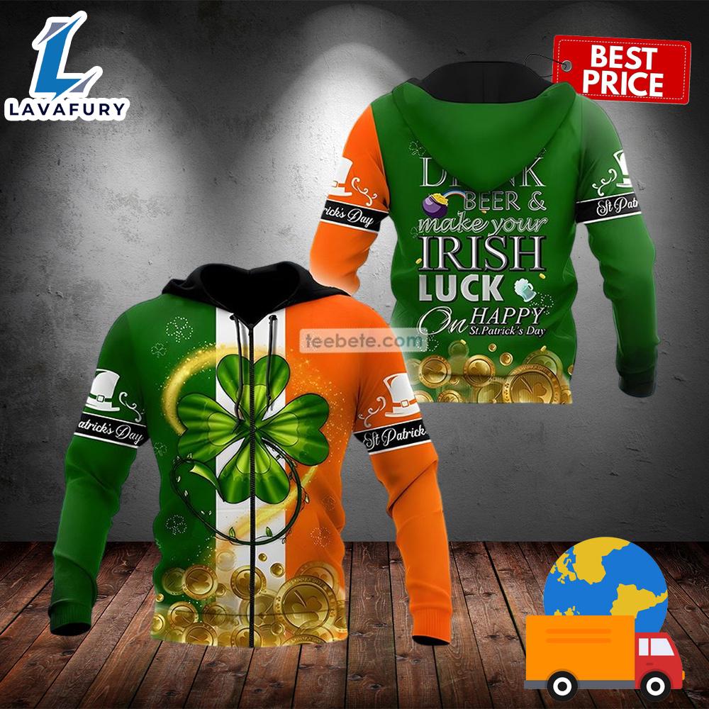 Gold Coin And Shamrock St Patrick Day Green 3D Cool Hoodie 2025