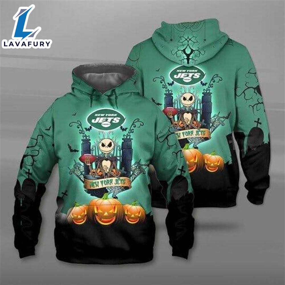 NFL New York Jets Jack Skellington Halloween Pullover Hoodie- Jack Skellington Hoodie